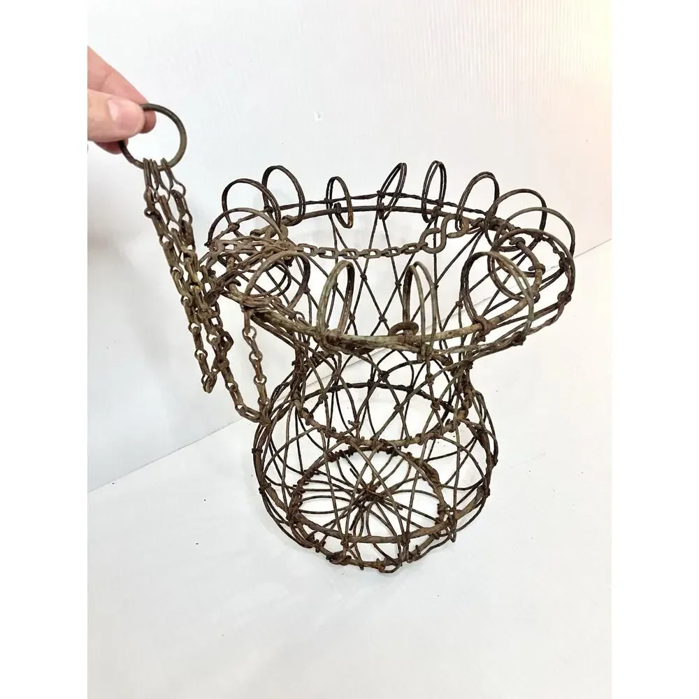 Antique French Twisted Metal Hanging Basket Curly Iron Wire Fluted Gracie Urn